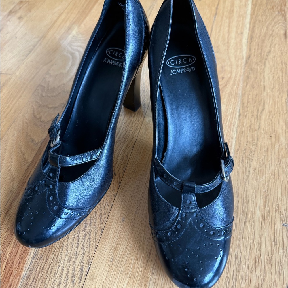 Joan & David Black Heels with Brogue Pattern and Strap